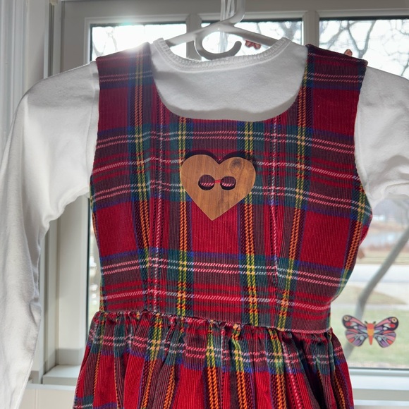 VintagePlaid corduroy Jumper Dress Heart Detail Adjustable Tie Bow at Waist - Picture 2 of 6